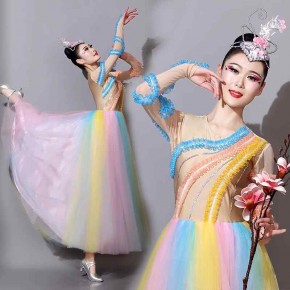 Colorful pink rainbow modern dance dress for women Flowers Atmospheric opening dance big swing skirt women girls Contemporary Dance  Modern Song Dance Long Dress